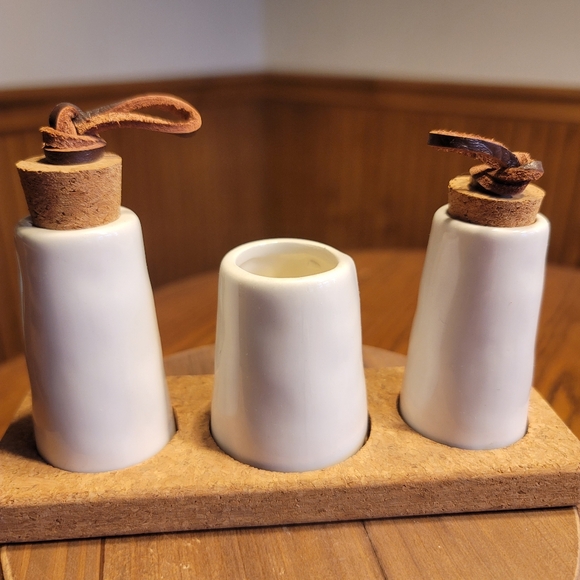 Mud Pie Ceramic Salt Pepper Shakers & Toothpick Holder With Cork Tray - Picture 4 of 12